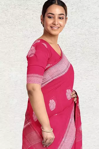 Rani pink & antique silver mau silk cotton saree with running blouse