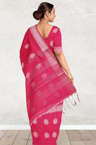 Rani pink & antique silver mau silk cotton saree with running blouse