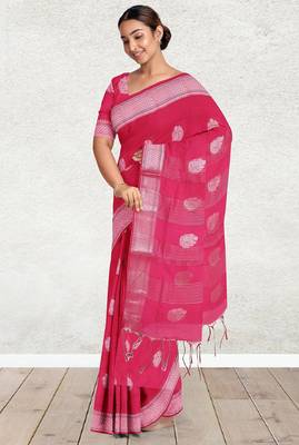 Rani pink & antique silver mau silk cotton saree with running blouse 4