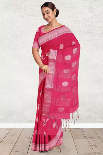 Rani pink & antique silver mau silk cotton saree with running blouse