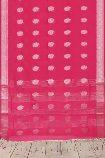 Rani pink & antique silver mau silk cotton saree with running blouse