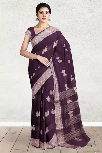 Dark plum & antique silver mau silk cotton saree with running blouse