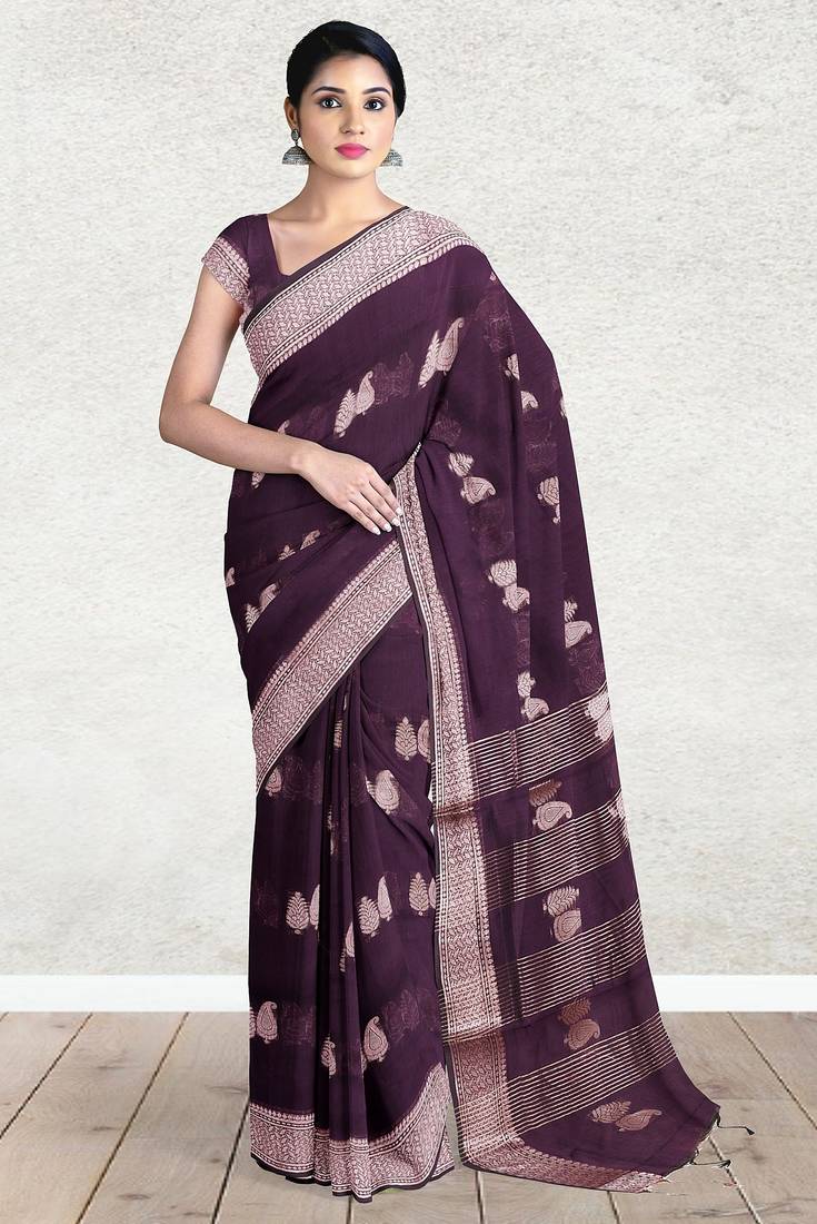 Dark plum & antique silver mau silk cotton saree with running blouse