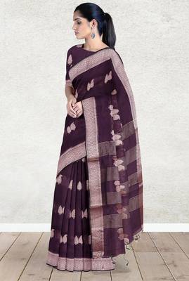 Dark plum & antique silver mau silk cotton saree with running blouse 2
