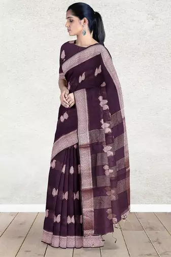 Dark plum & antique silver mau silk cotton saree with running blouse