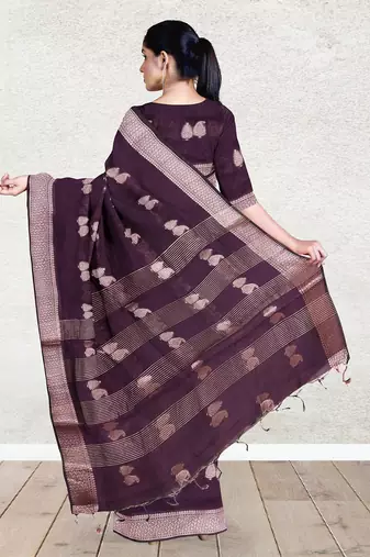 Dark plum & antique silver mau silk cotton saree with running blouse