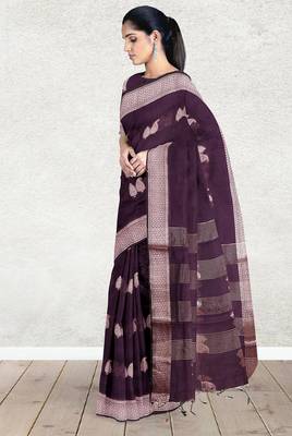Dark plum & antique silver mau silk cotton saree with running blouse 4