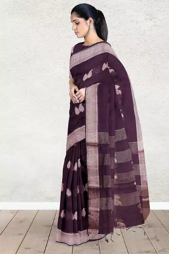Dark plum & antique silver mau silk cotton saree with running blouse
