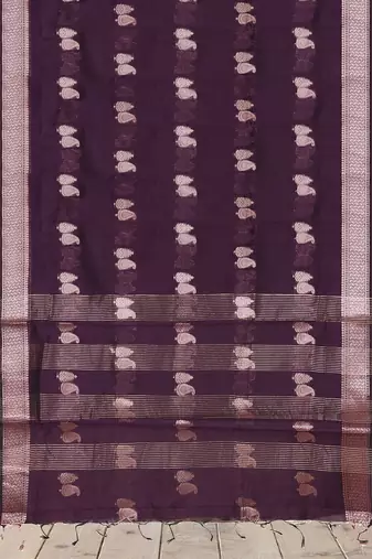 Dark plum & antique silver mau silk cotton saree with running blouse