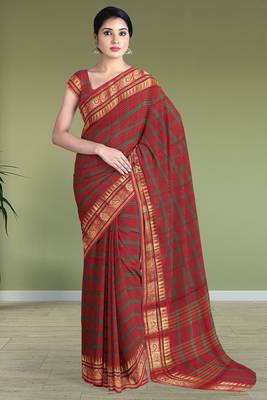 Heritage crimson red & forest green chettinad cotton saree with running blouse 1