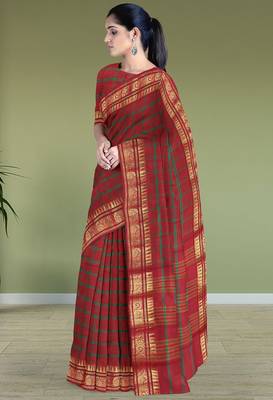 Heritage crimson red & forest green chettinad cotton saree with running blouse 2