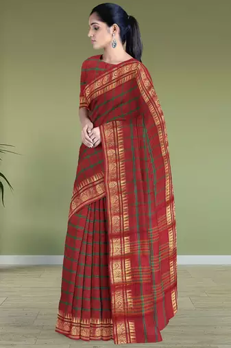 Heritage crimson red & forest green chettinad cotton saree with running blouse