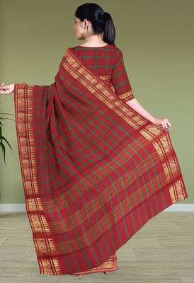 Heritage crimson red & forest green chettinad cotton saree with running blouse 3