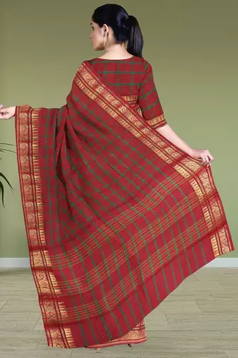 Heritage crimson red & forest green chettinad cotton saree with running blouse