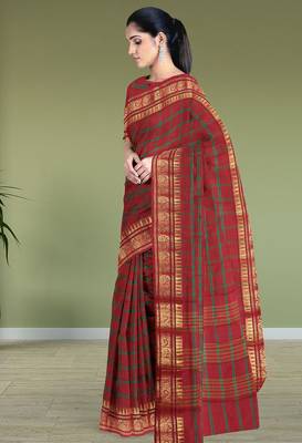 Heritage crimson red & forest green chettinad cotton saree with running blouse 4