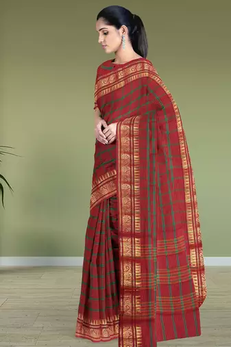 Heritage crimson red & forest green chettinad cotton saree with running blouse