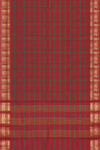 Heritage crimson red & forest green chettinad cotton saree with running blouse