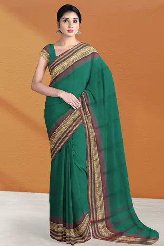 Emerald green & maroon chettinad cotton saree with running blouse