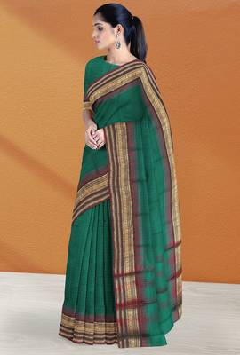Emerald green & maroon chettinad cotton saree with running blouse 2
