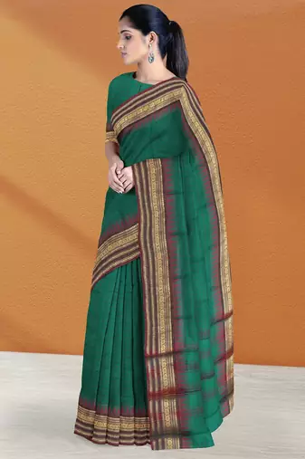 Emerald green & maroon chettinad cotton saree with running blouse