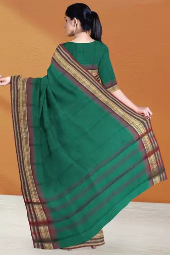 Emerald green & maroon chettinad cotton saree with running blouse