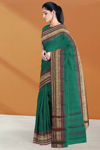 Emerald green & maroon chettinad cotton saree with running blouse