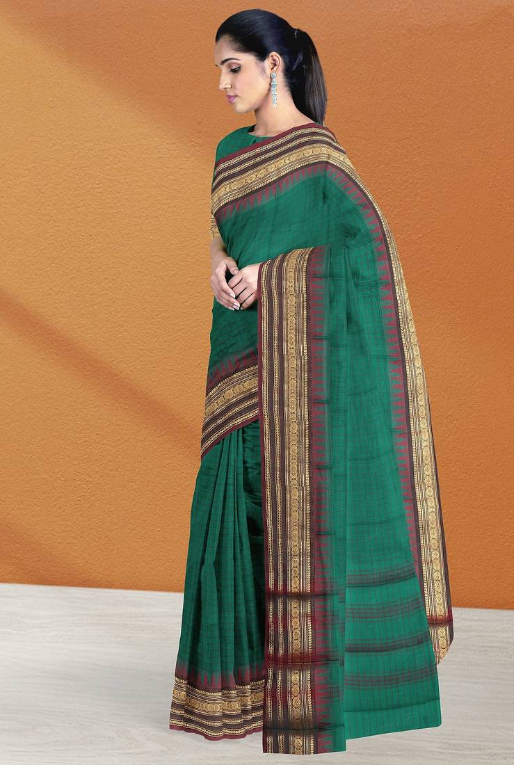Emerald green & maroon chettinad cotton saree with running blouse