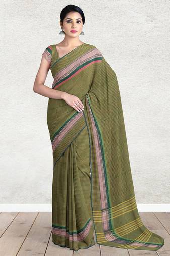 Olive green & rose gold chettinad cotton saree with running blouse