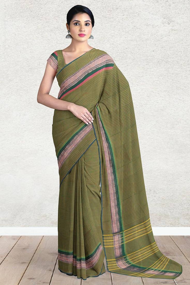 Olive green & rose gold chettinad cotton saree with running blouse