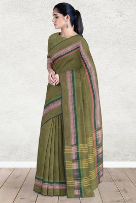 Olive green & rose gold chettinad cotton saree with running blouse 2