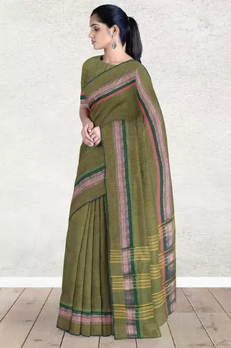 Olive green & rose gold chettinad cotton saree with running blouse