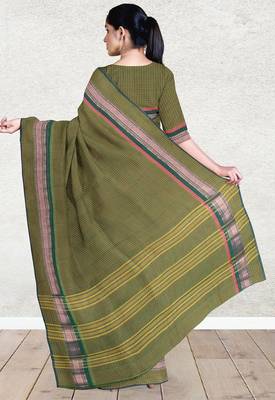 Olive green & rose gold chettinad cotton saree with running blouse 3