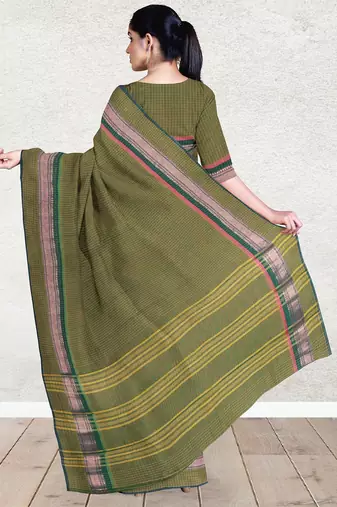 Olive green & rose gold chettinad cotton saree with running blouse