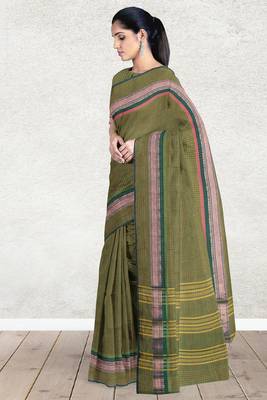 Olive green & rose gold chettinad cotton saree with running blouse 4