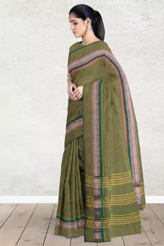 Olive green & rose gold chettinad cotton saree with running blouse