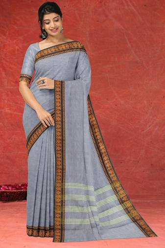 Ash/steel grey & burnished copper brown chettinad cotton saree with running blouse