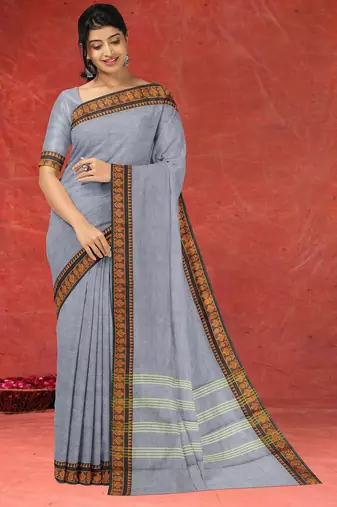 Ash/steel grey & burnished copper brown chettinad cotton saree with running blouse