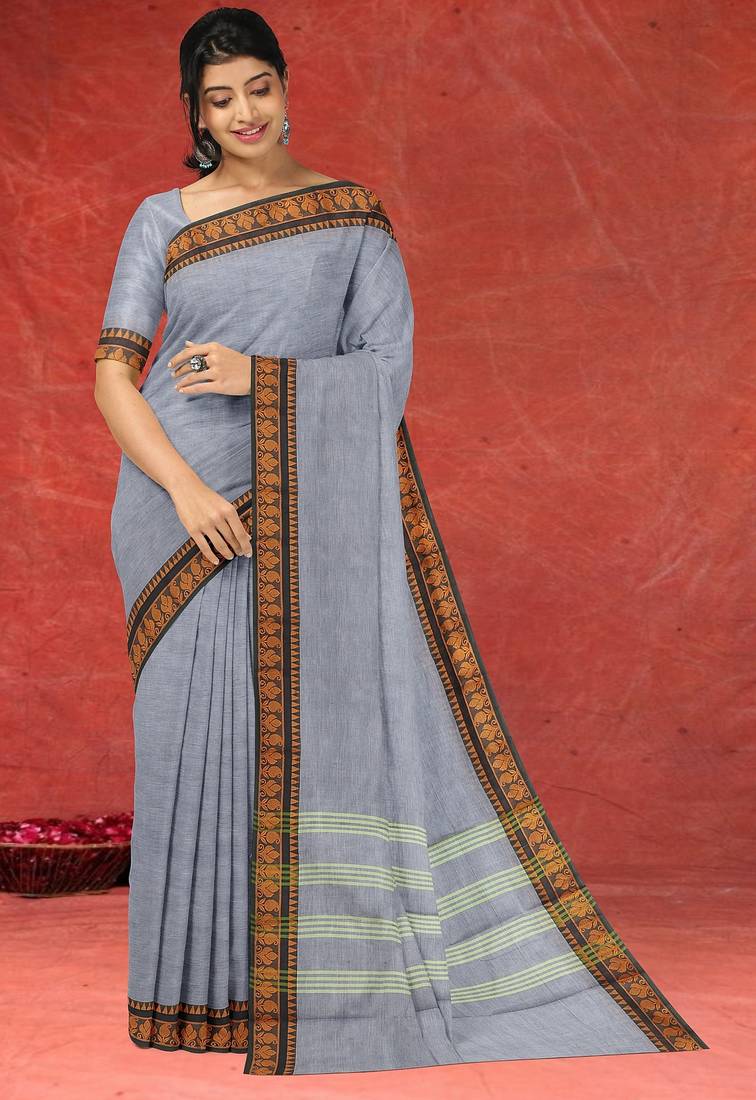 Ash/steel grey & burnished copper brown chettinad cotton saree with running blouse