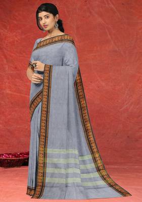 Ash/steel grey & burnished copper brown chettinad cotton saree with running blouse 2
