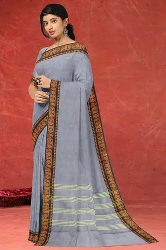 Ash/steel grey & burnished copper brown chettinad cotton saree with running blouse