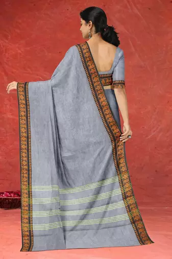 Ash/steel grey & burnished copper brown chettinad cotton saree with running blouse