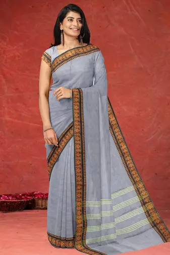 Ash/steel grey & burnished copper brown chettinad cotton saree with running blouse