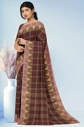 Espresso brown & vintage mauve chettinad cotton saree with running blouse