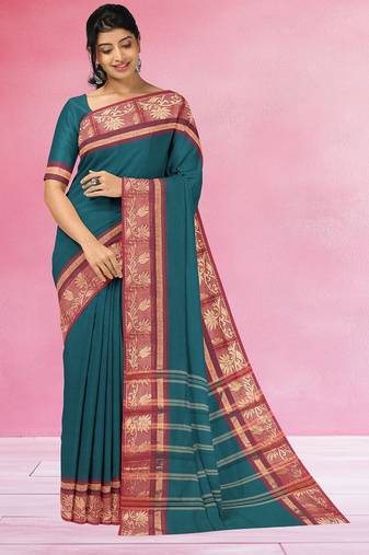 Teal blue & wine maroon chettinad cotton saree with running blouse