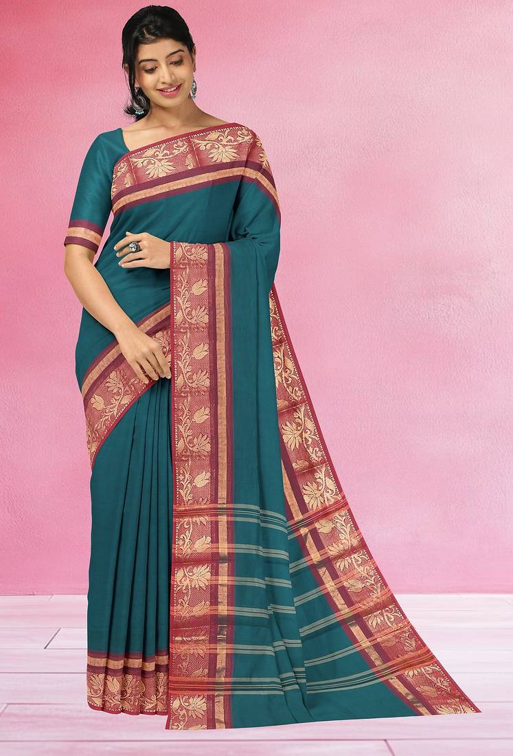 Teal blue & wine maroon chettinad cotton saree with running blouse