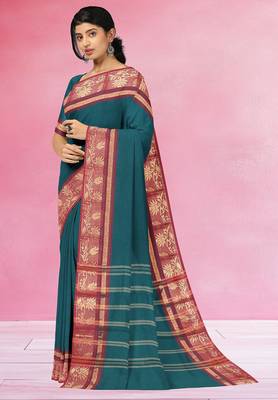Teal blue & wine maroon chettinad cotton saree with running blouse 2
