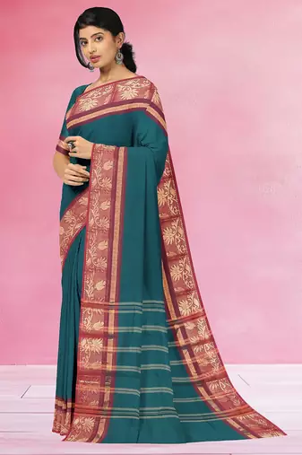 Teal blue & wine maroon chettinad cotton saree with running blouse