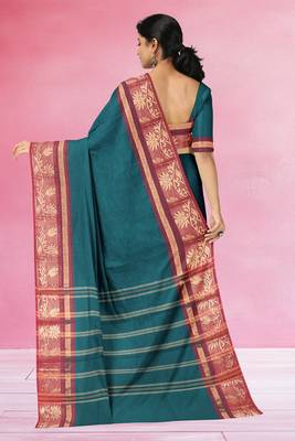 Teal blue & wine maroon chettinad cotton saree with running blouse 3