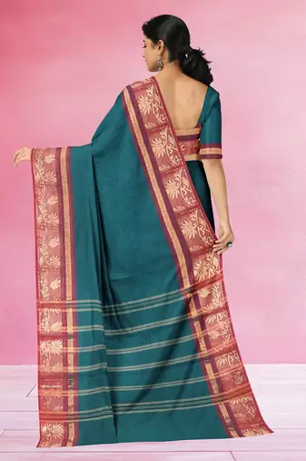 Teal blue & wine maroon chettinad cotton saree with running blouse