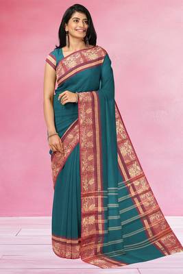 Teal blue & wine maroon chettinad cotton saree with running blouse 4